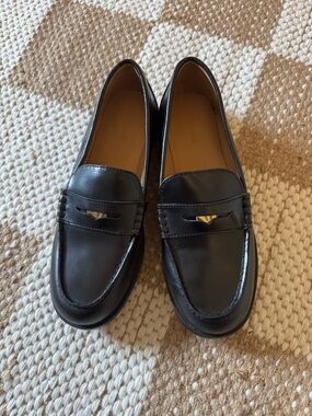Madewell Black Leather Penny Loafers with Gold Accent